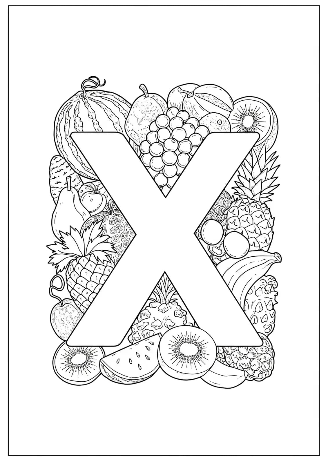 Letter X surrounded by detailed fruit designs including watermelon and grapes for coloring