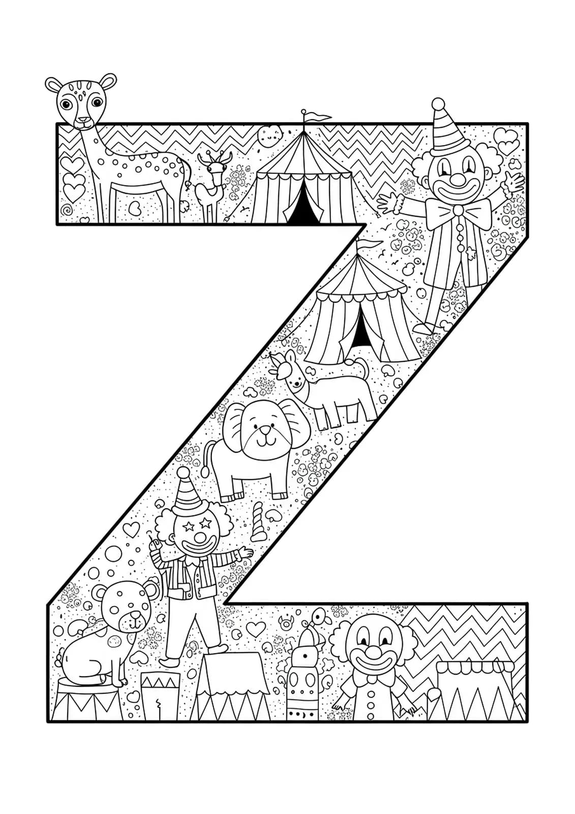 Intricate circus-themed coloring page with letter Z, clowns, animals, tents, and detailed patterns for preschool kids.