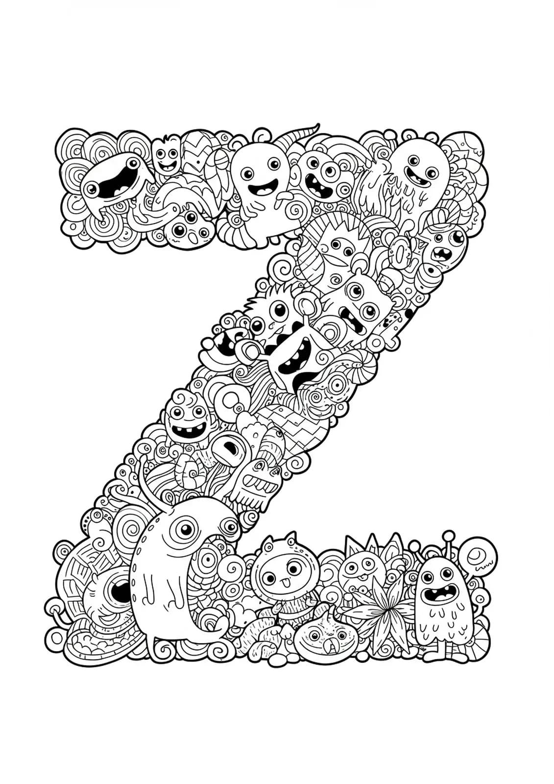 Intricate coloring page with letter Z, zany monsters, and whimsical zigzag patterns for preschool kids.