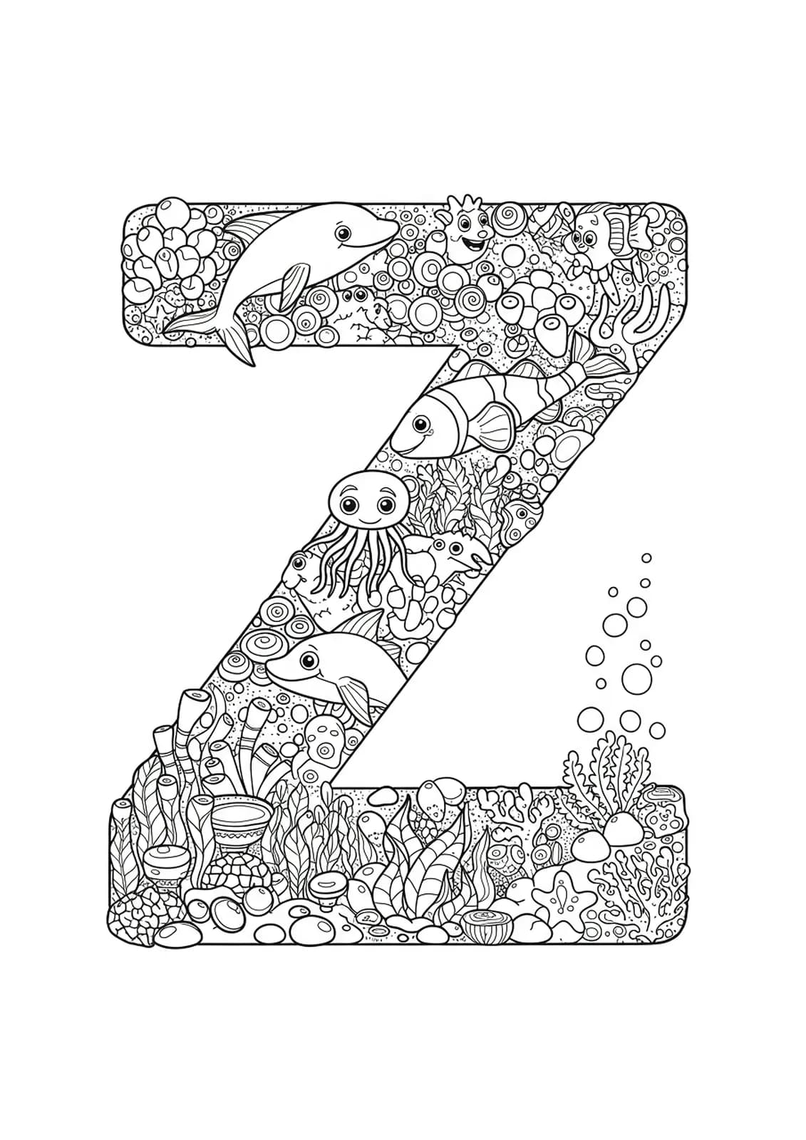 Detailed under the sea coloring page with letter Z, fish, seaweed, bubbles, and complex ocean patterns for preschoolers.