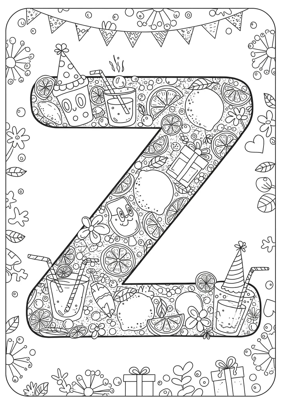 Complex coloring page with letter Z, lemons, lemonade, party hats, and detailed festive patterns for preschoolers.