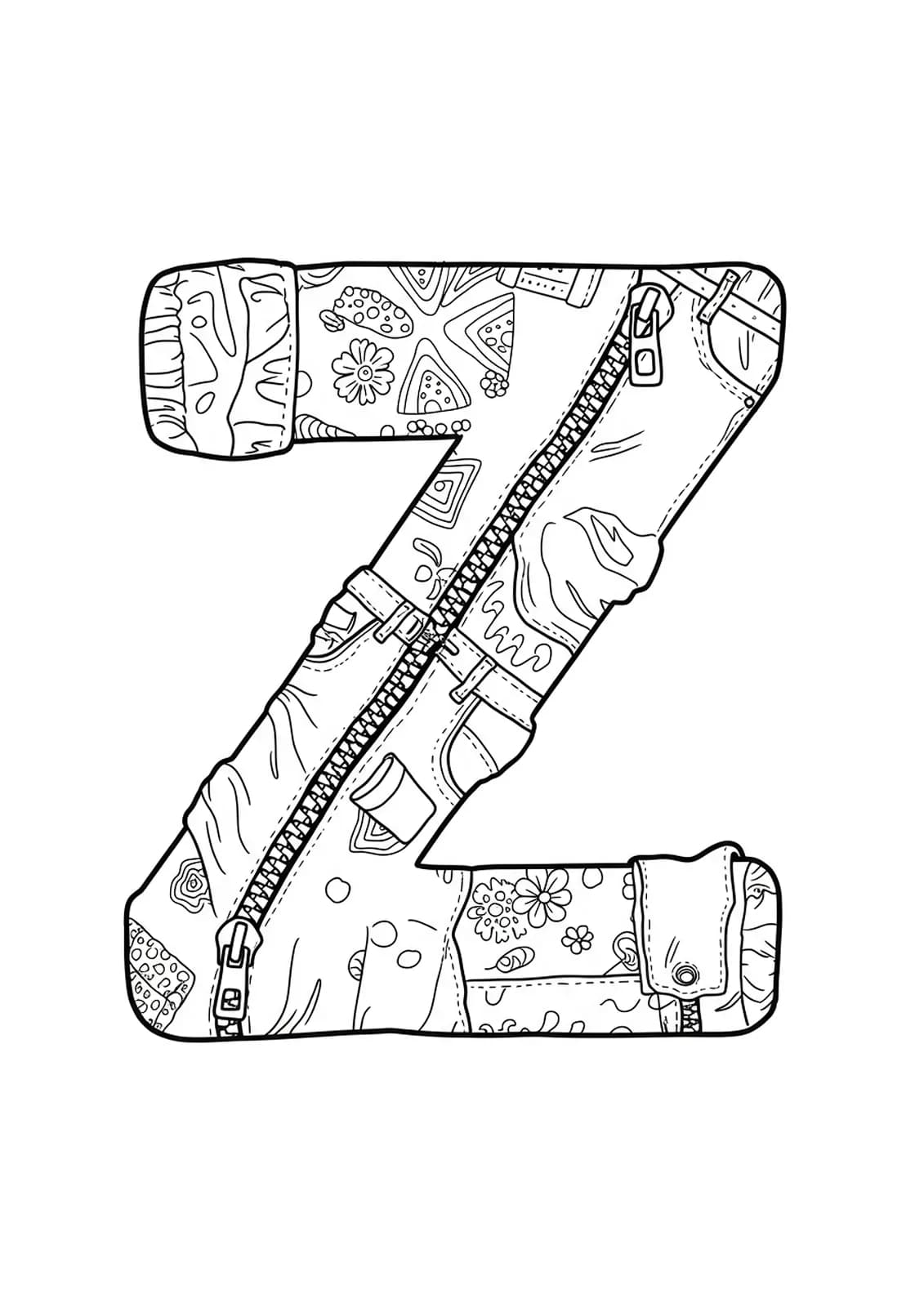 Detailed coloring page featuring letter Z, a zipper, jackets, and jeans with complex patterns for preschool kids.