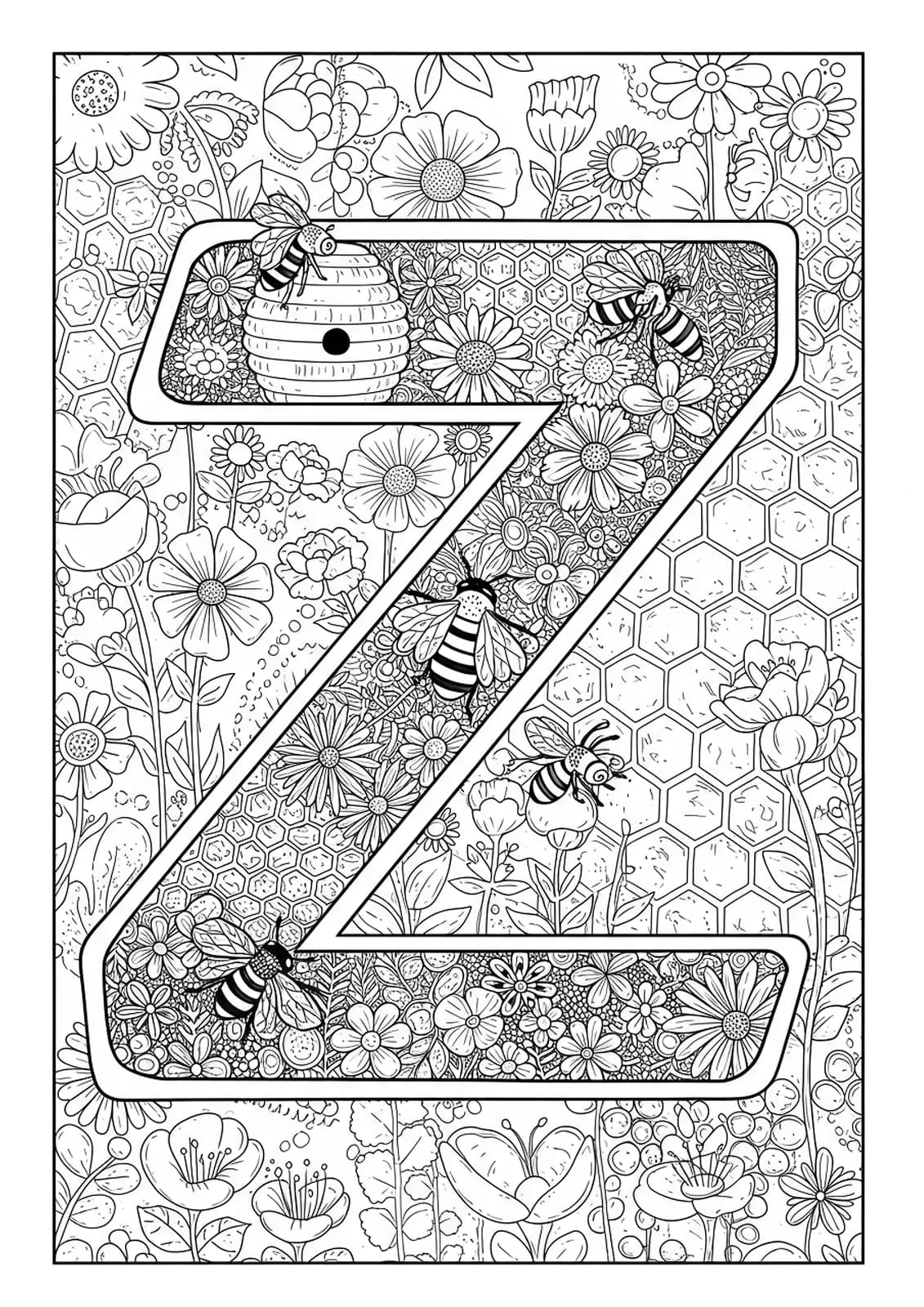 Detailed coloring page with letter Z, bees, flowers, and complex nature-inspired patterns for preschoolers.