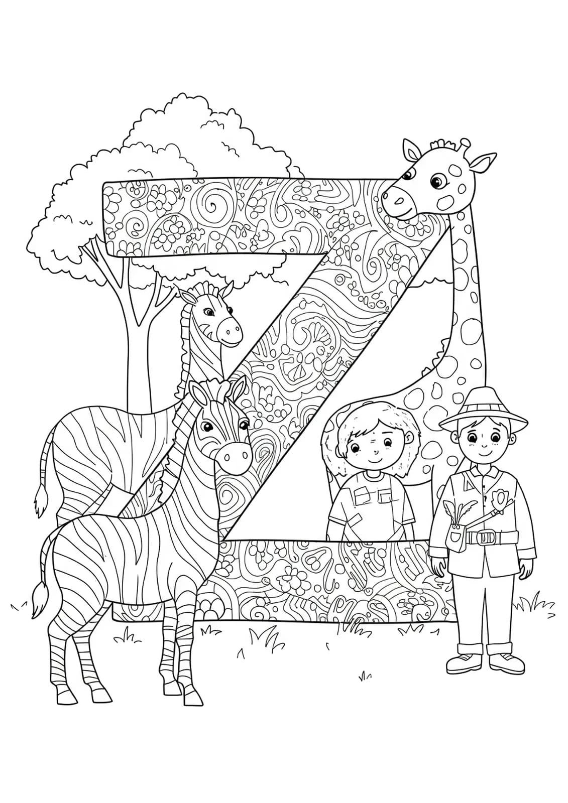 Complex zoo-themed coloring page with letter Z, zebra, zookeeper, and detailed patterns for preschoolers.