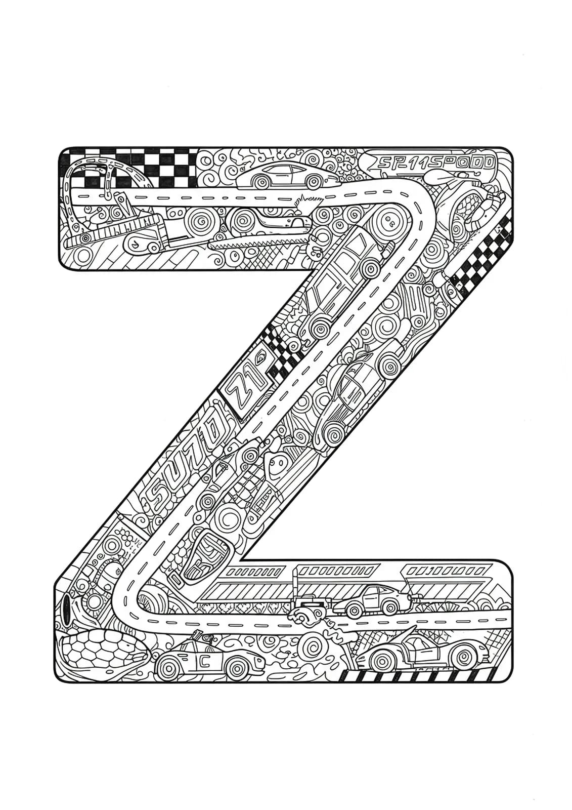 Detailed coloring page with letter Z, race cars, racetrack, and intricate vehicle-themed patterns for preschool children.