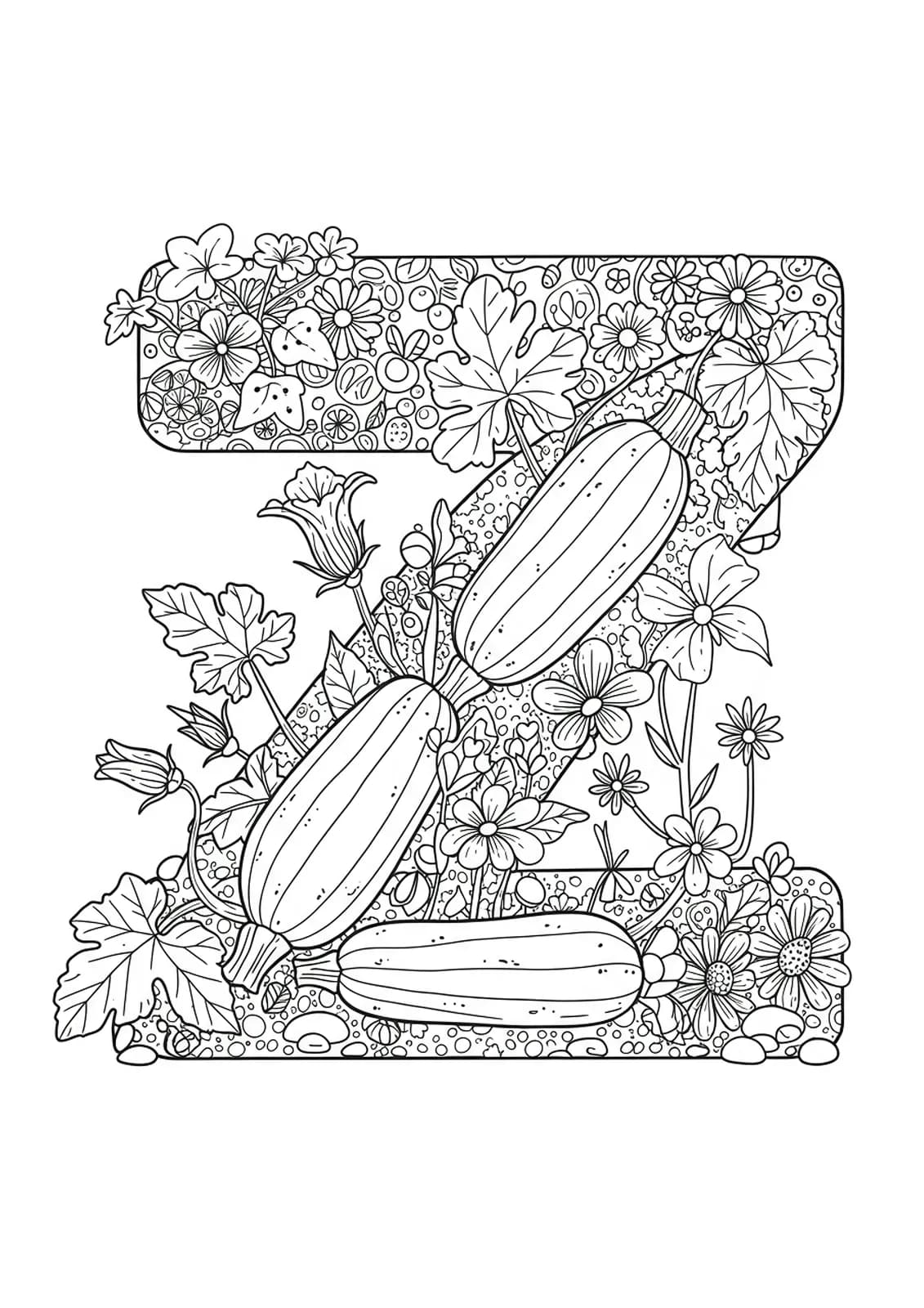 Intricate coloring page with letter Z, zucchini plants, flowers, and detailed garden-themed patterns for preschoolers.