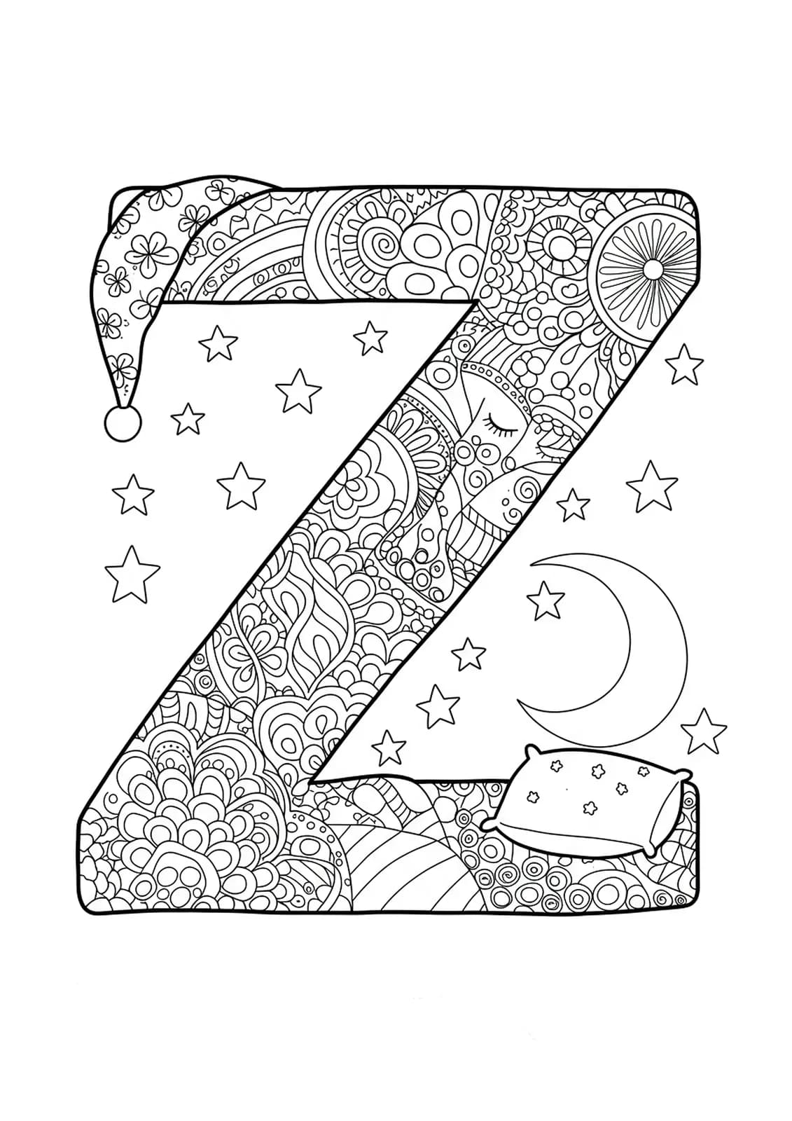Intricate bedtime-themed coloring page with letter Z, sleeping moon, stars, and detailed night sky patterns for preschool children.
