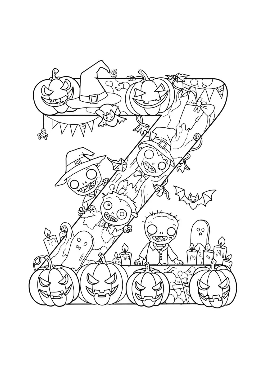 Coloring page of a large letter Z decorated with pumpkins, zombies, and bats in a Halloween theme for kids.