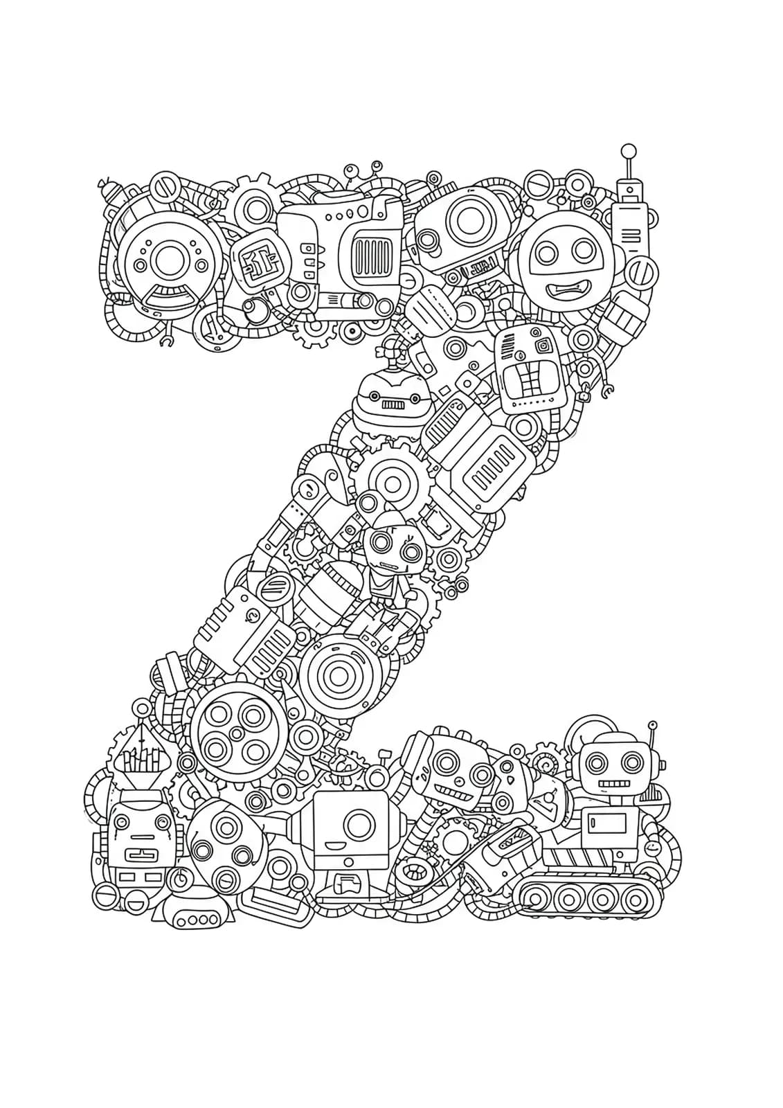 Hard letter Z coloring page with complex robots, gears, and mechanical details
