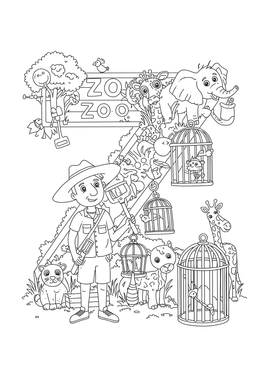 Hard letter Z coloring page with detailed zookeeper, animals, cages, and zoo tools