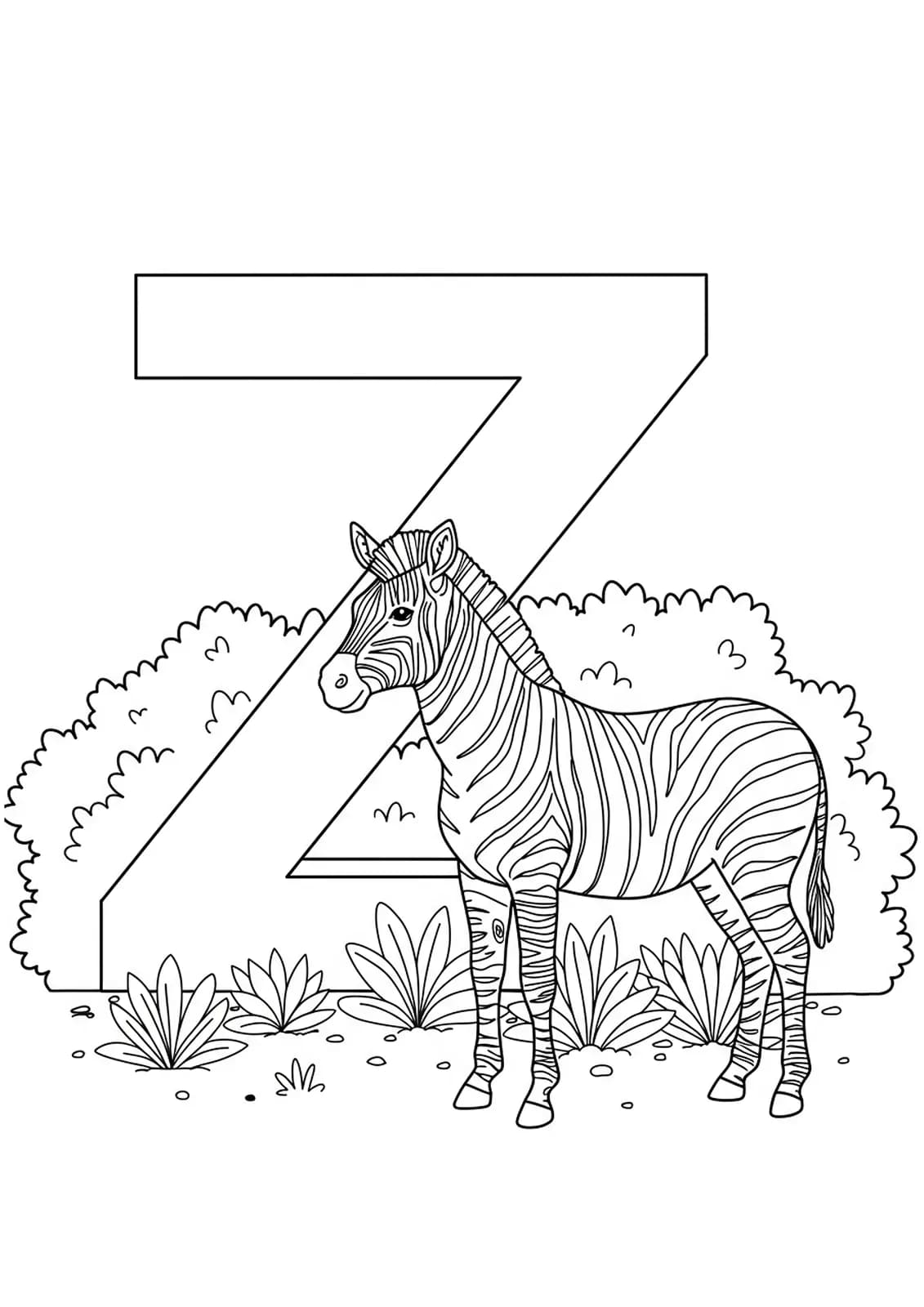 Letter Z with a zebra grazing and bushes, animal and nature themed coloring page for kids.