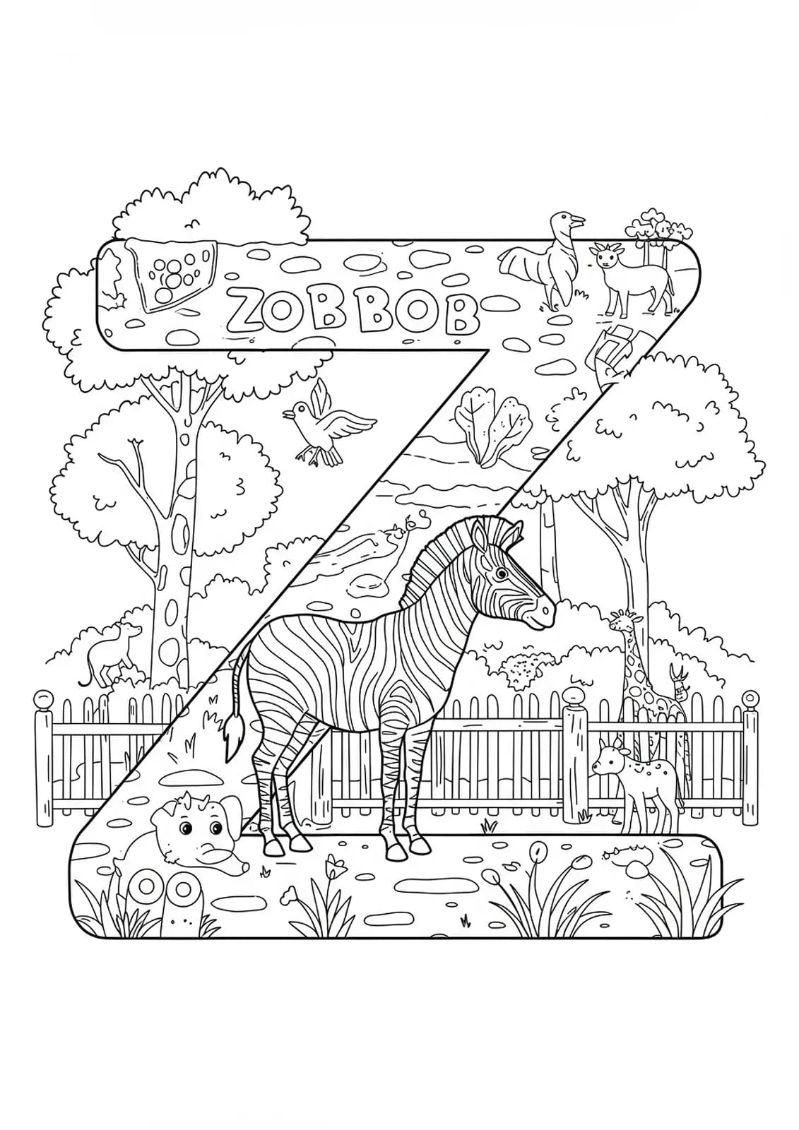 Hard letter Z coloring page with detailed zebra, zoo animals, and foliage