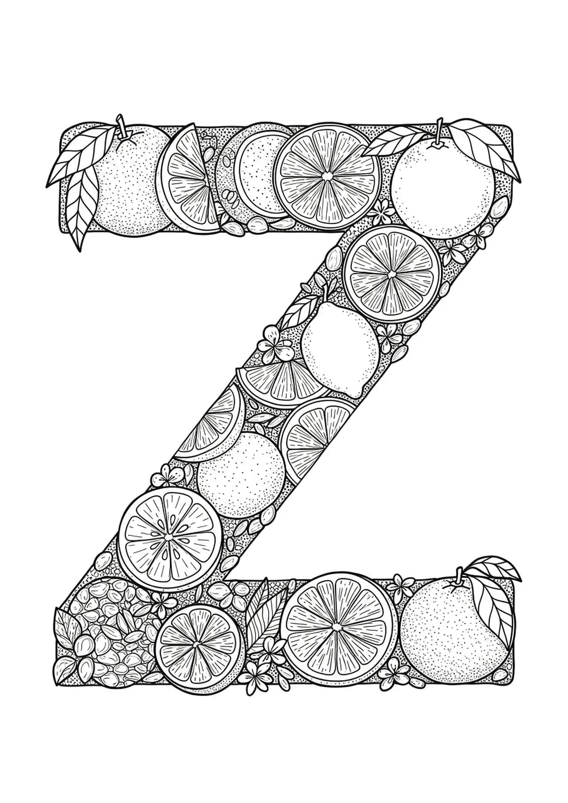Hard letter Z coloring page with detailed citrus fruit slices and patterns