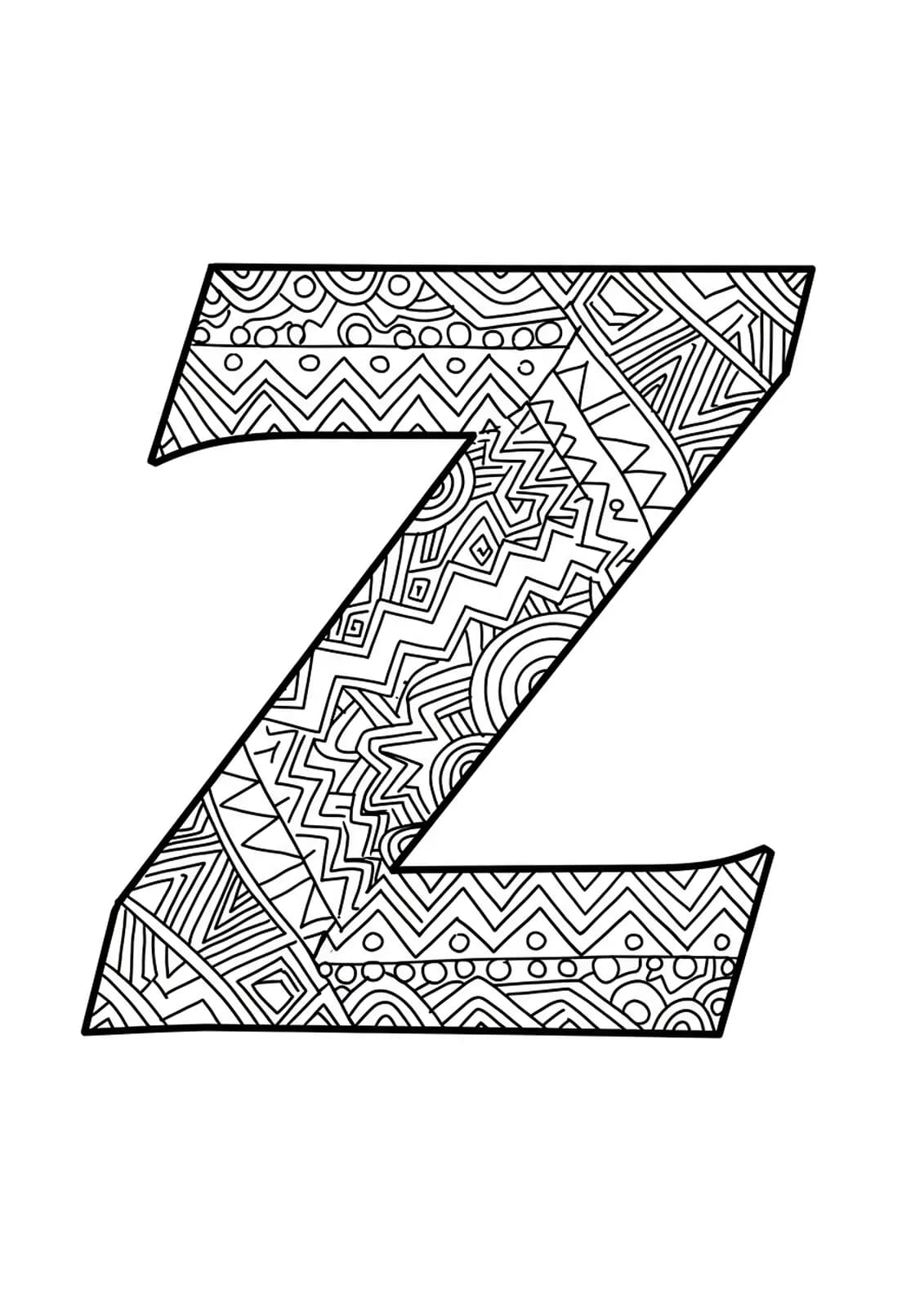 Hard letter Z coloring page with complex zigzag and geometric patterns