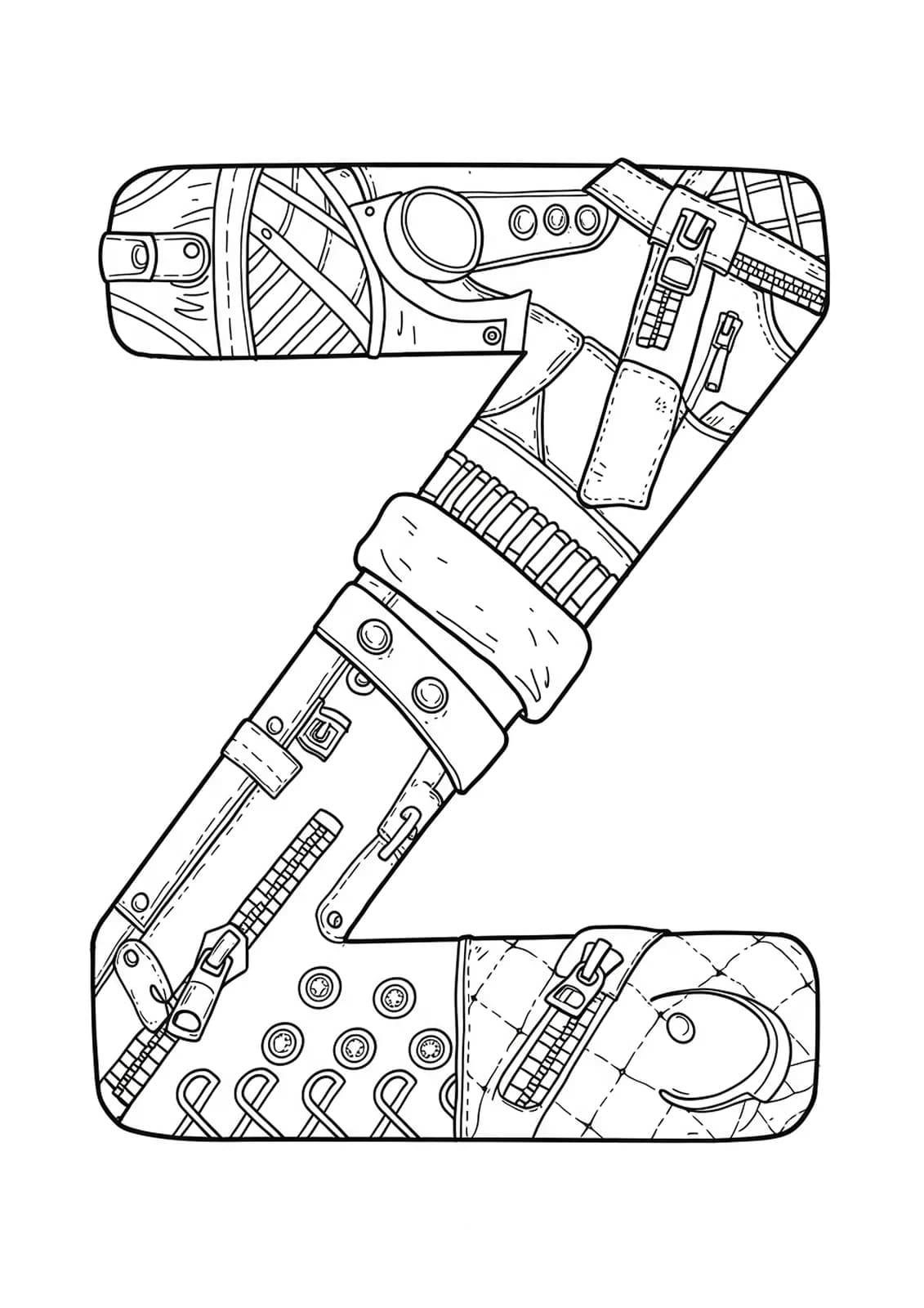 Hard letter Z coloring page with detailed zippers, clothing, and fashion accessories