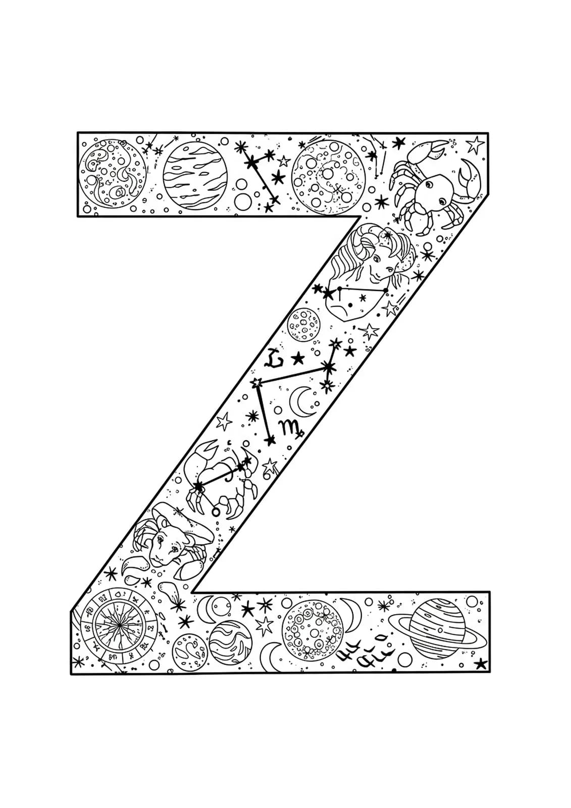 Hard letter Z coloring page with detailed zodiac constellations, stars, and planets