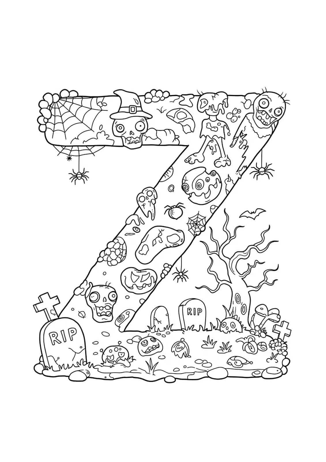 Hard letter Z coloring page with cartoon zombies, gravestones, spider webs, and haunted scenery