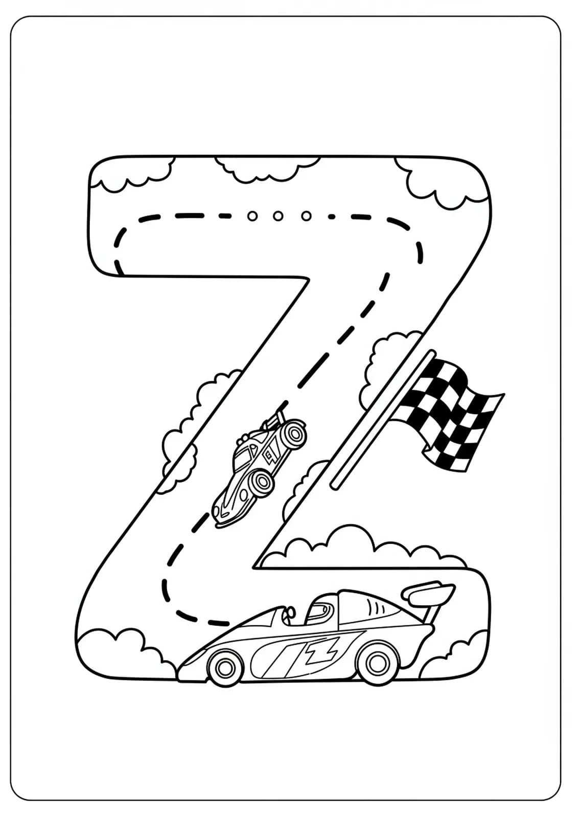 Large letter Z with a race car, racetrack, and checkered flag, medium detail coloring page for kids.