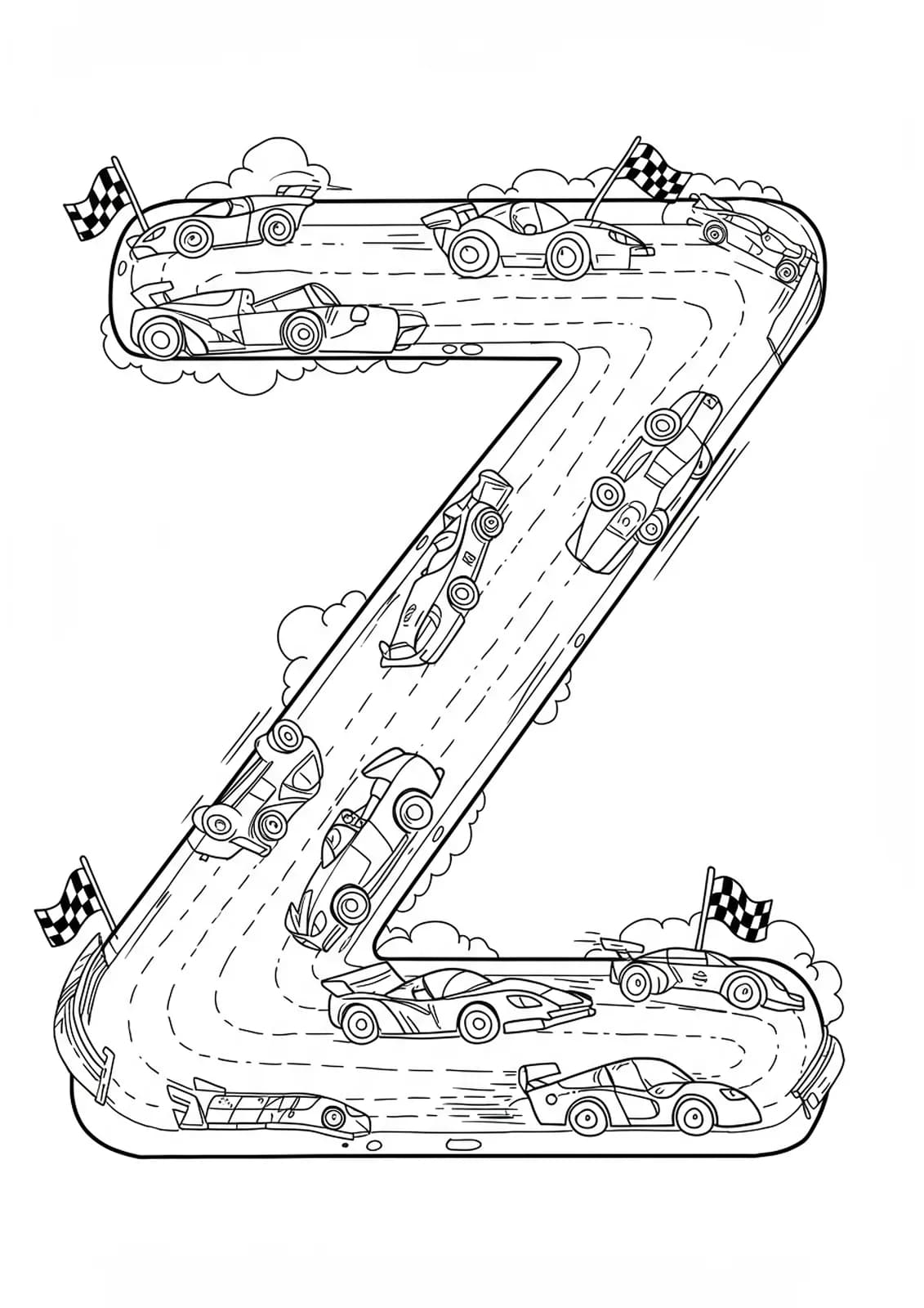 Hard letter Z coloring page with detailed racecars on a winding racetrack