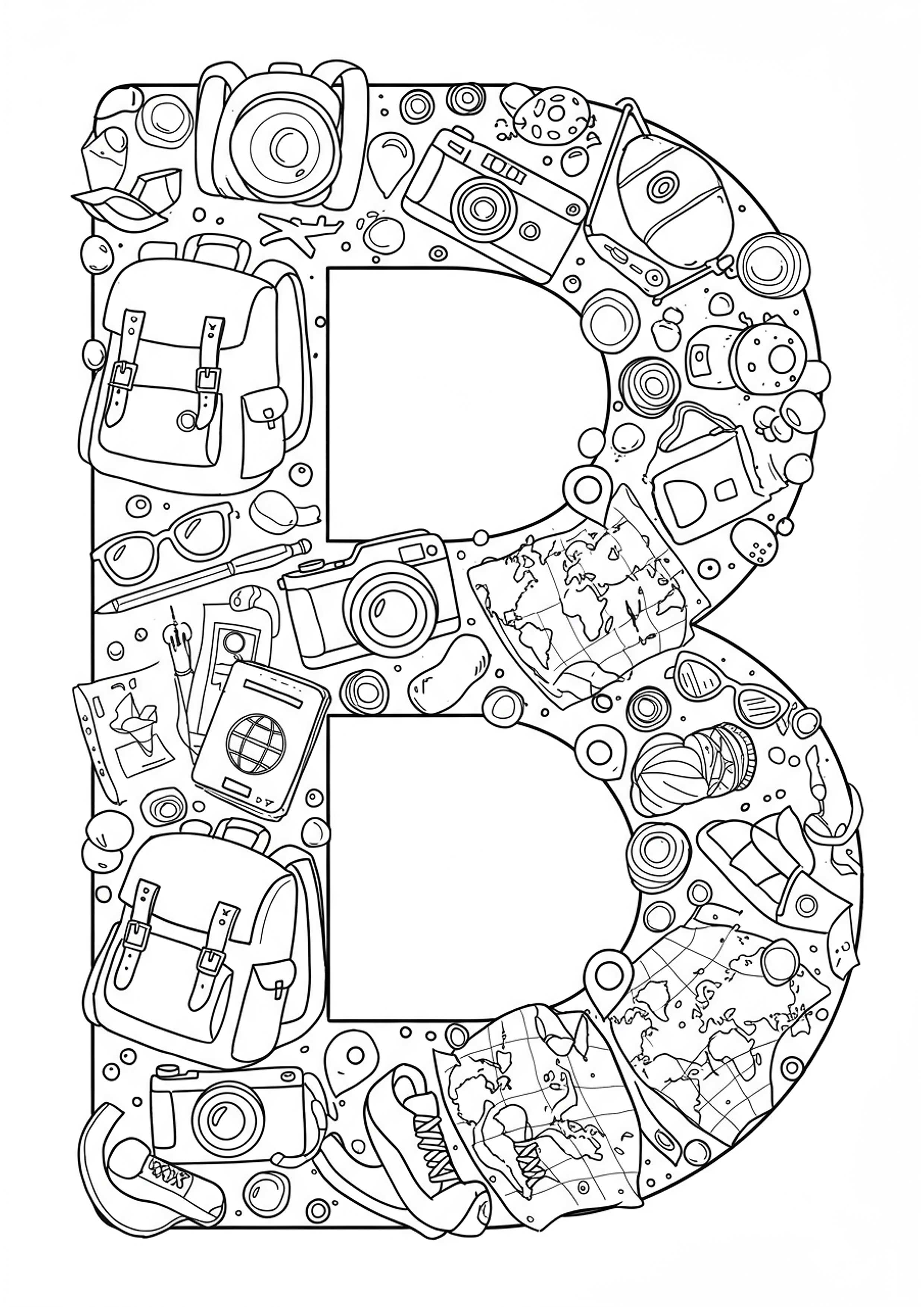 Letter B with Travel Adventure Essentials - Free Coloring Page ...