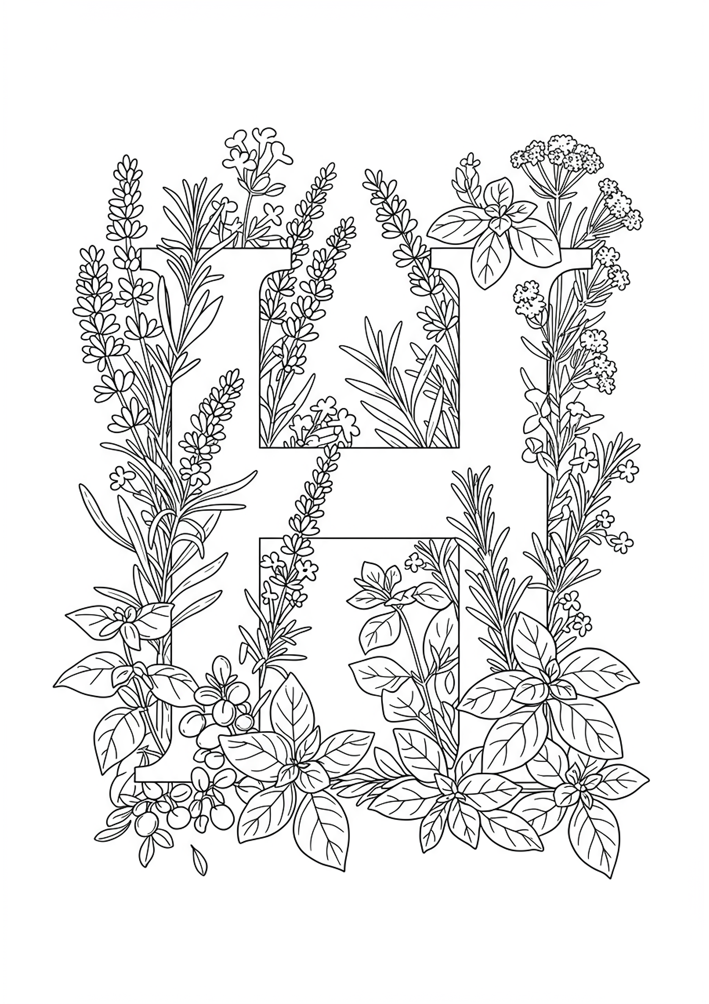 Letter H with Botanical Herbs - Free Coloring Page | TryColoringPages