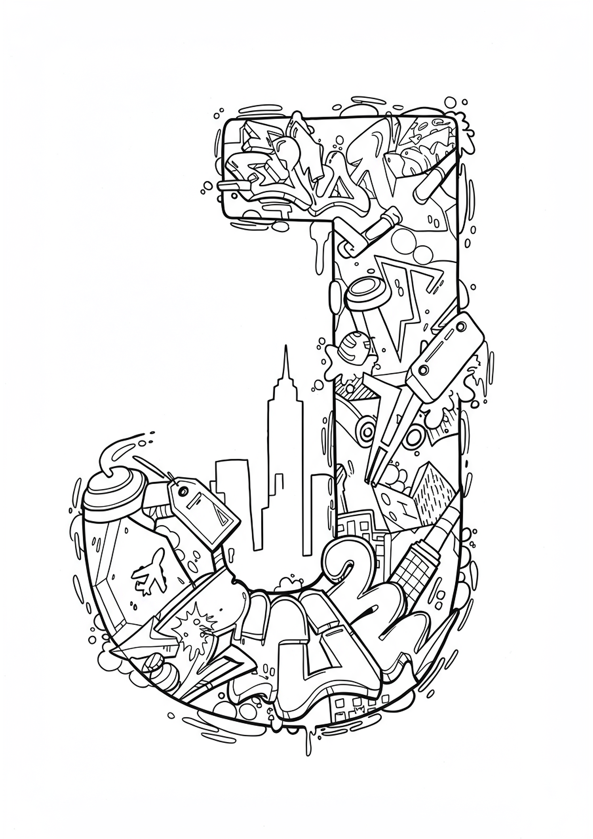 Letter J with Jet Stream Graffiti Art - Free Coloring Page ...