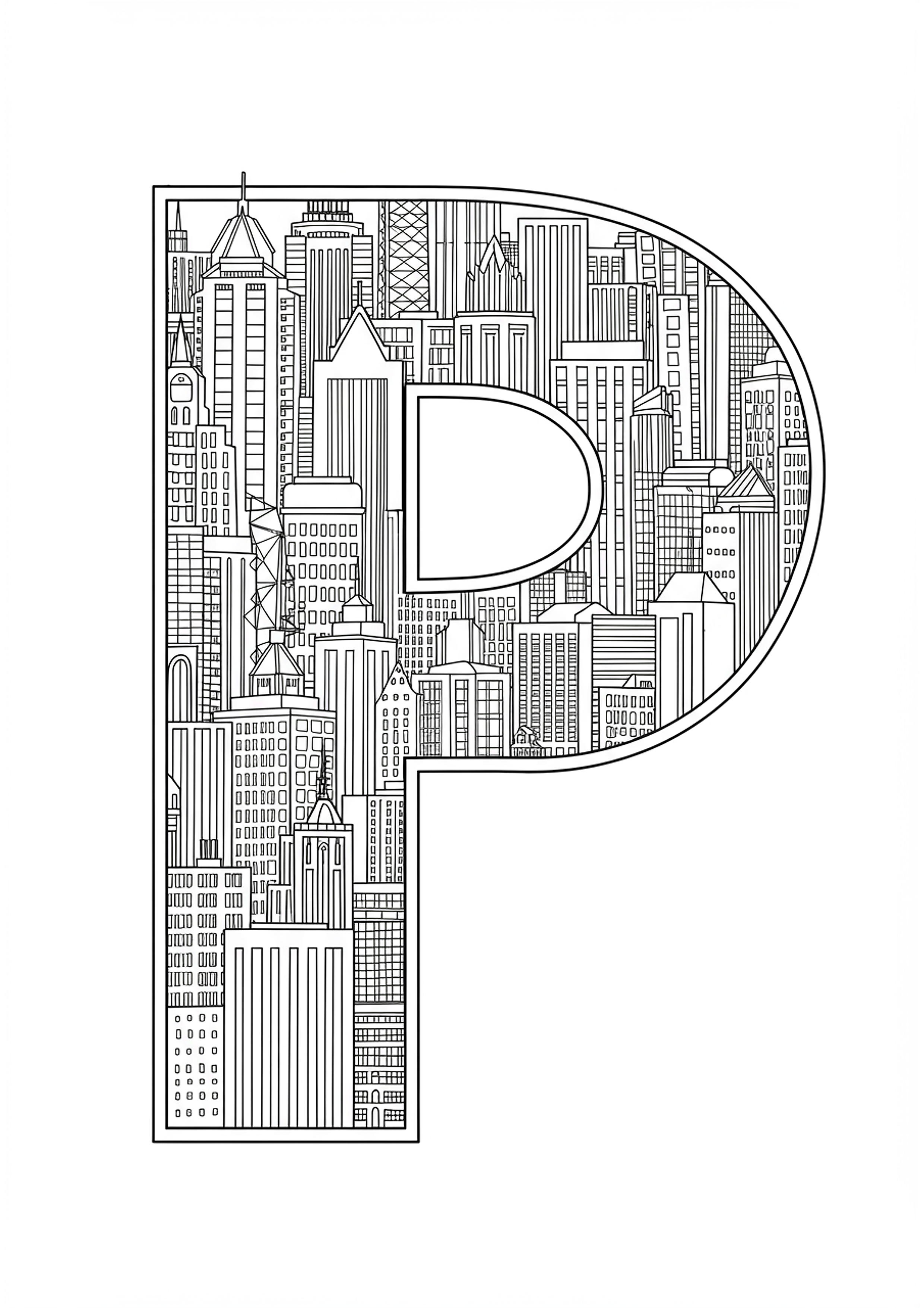 Letter P Urban Skyline - Free Coloring Page | TryColoringPages