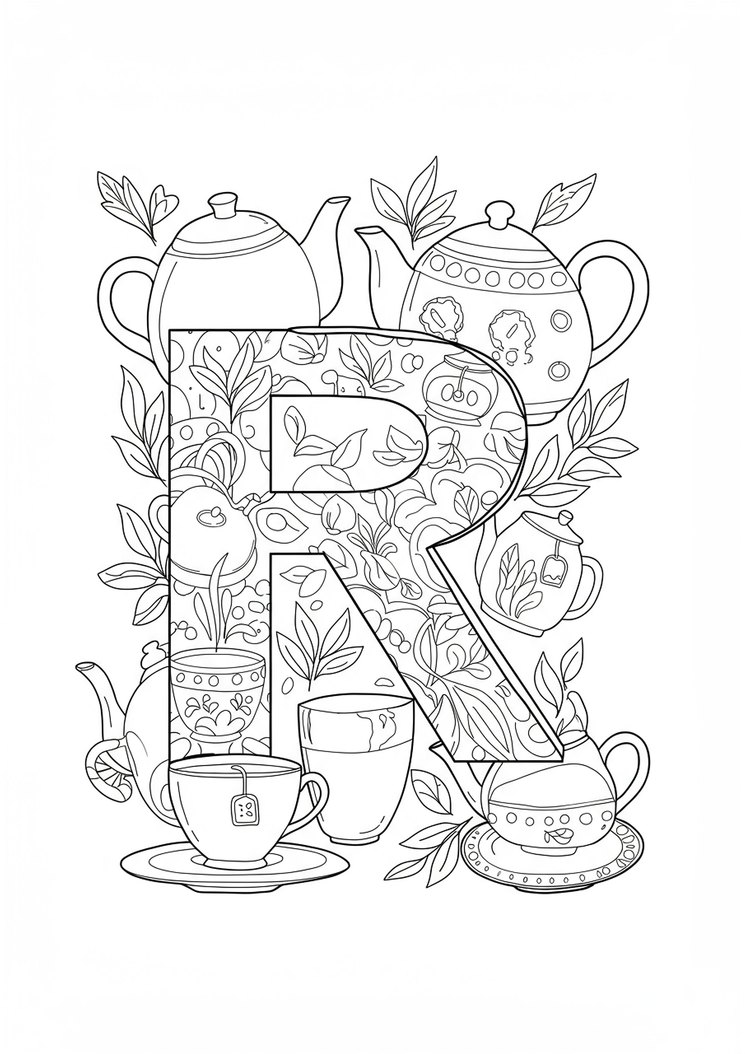 Letter R Coloring Page with Relaxing Tea Time Theme - Free Coloring ...