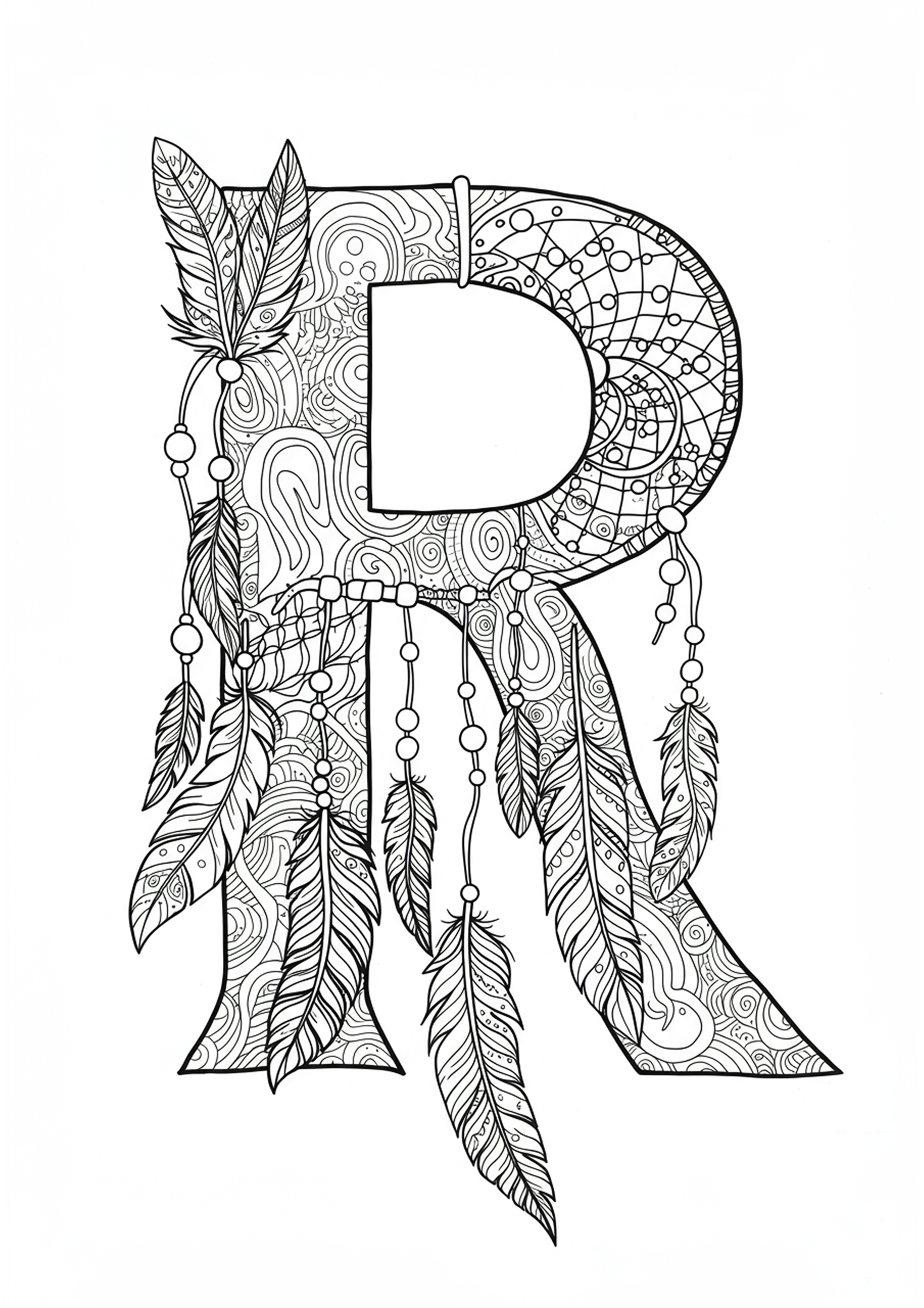Letter R with Bohemian Dreamcatchers and Feathers - Free Coloring Page ...