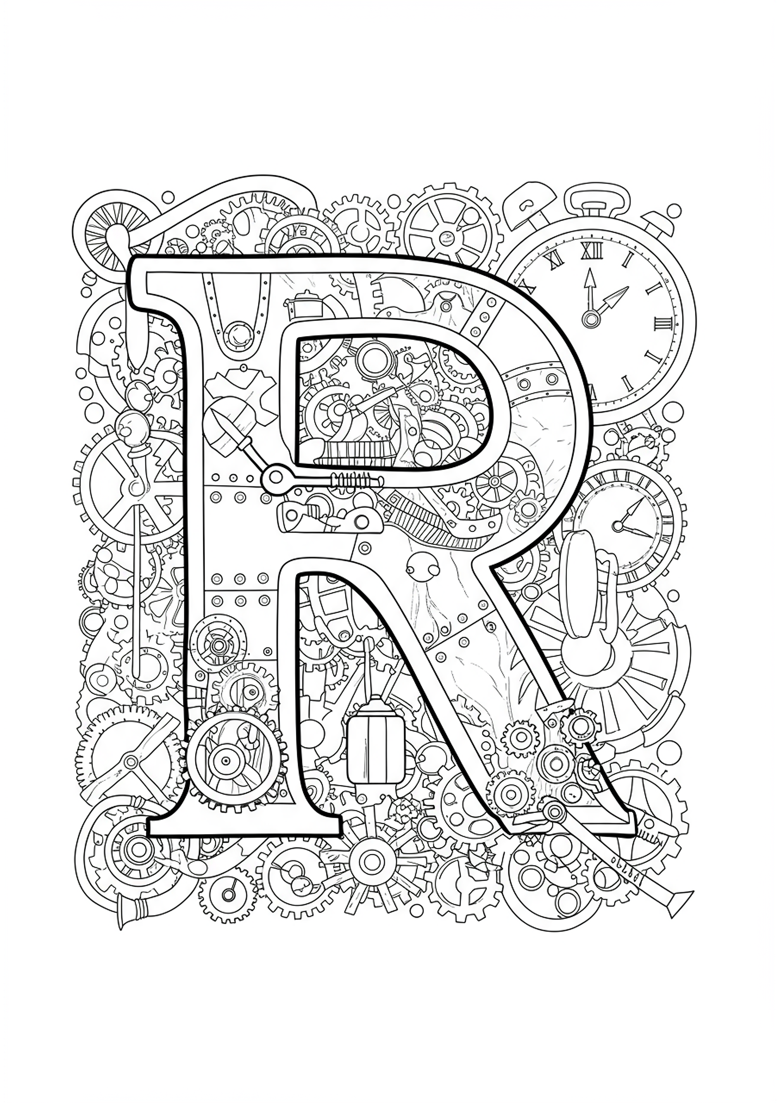 Letter R with Steampunk Gears and Clocks - Free Coloring Page ...