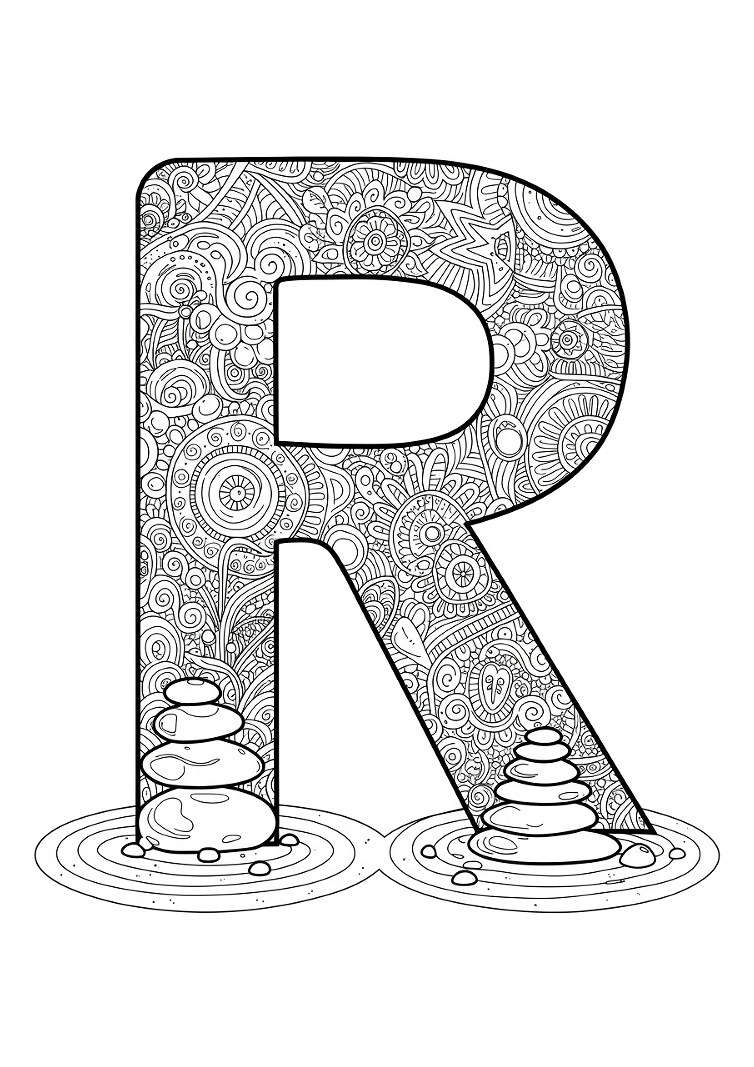 Letter R with Zen Garden Stones and Raked Patterns - Free Coloring Page ...