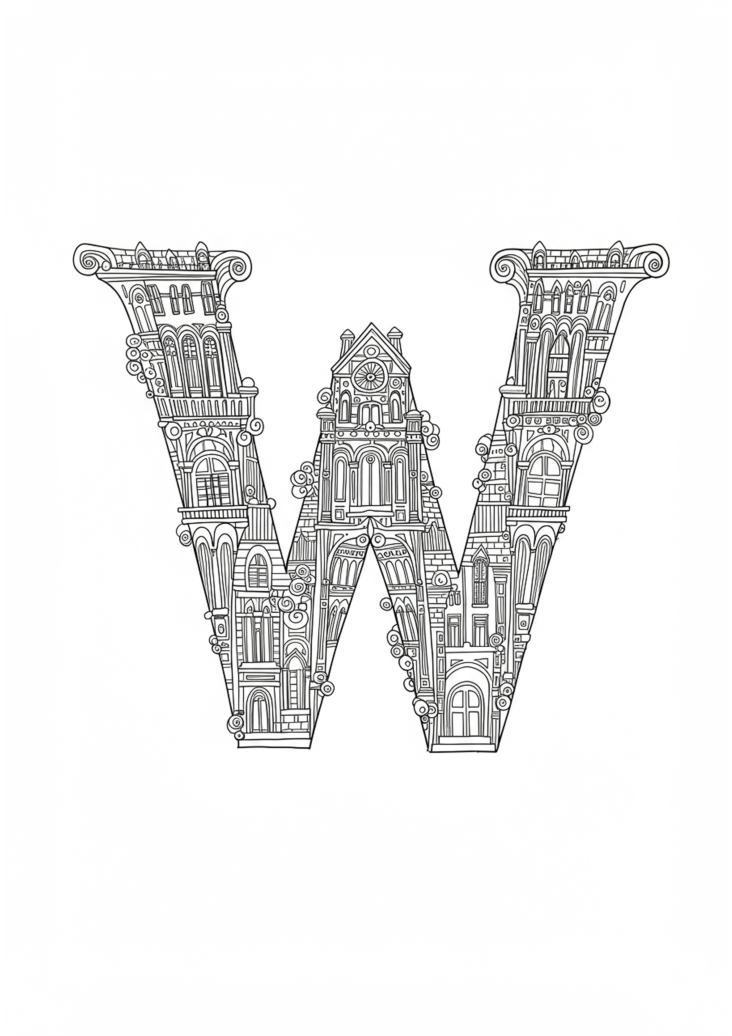 Letter W with Architectural Wonders Coloring Page - Free Coloring Page ...