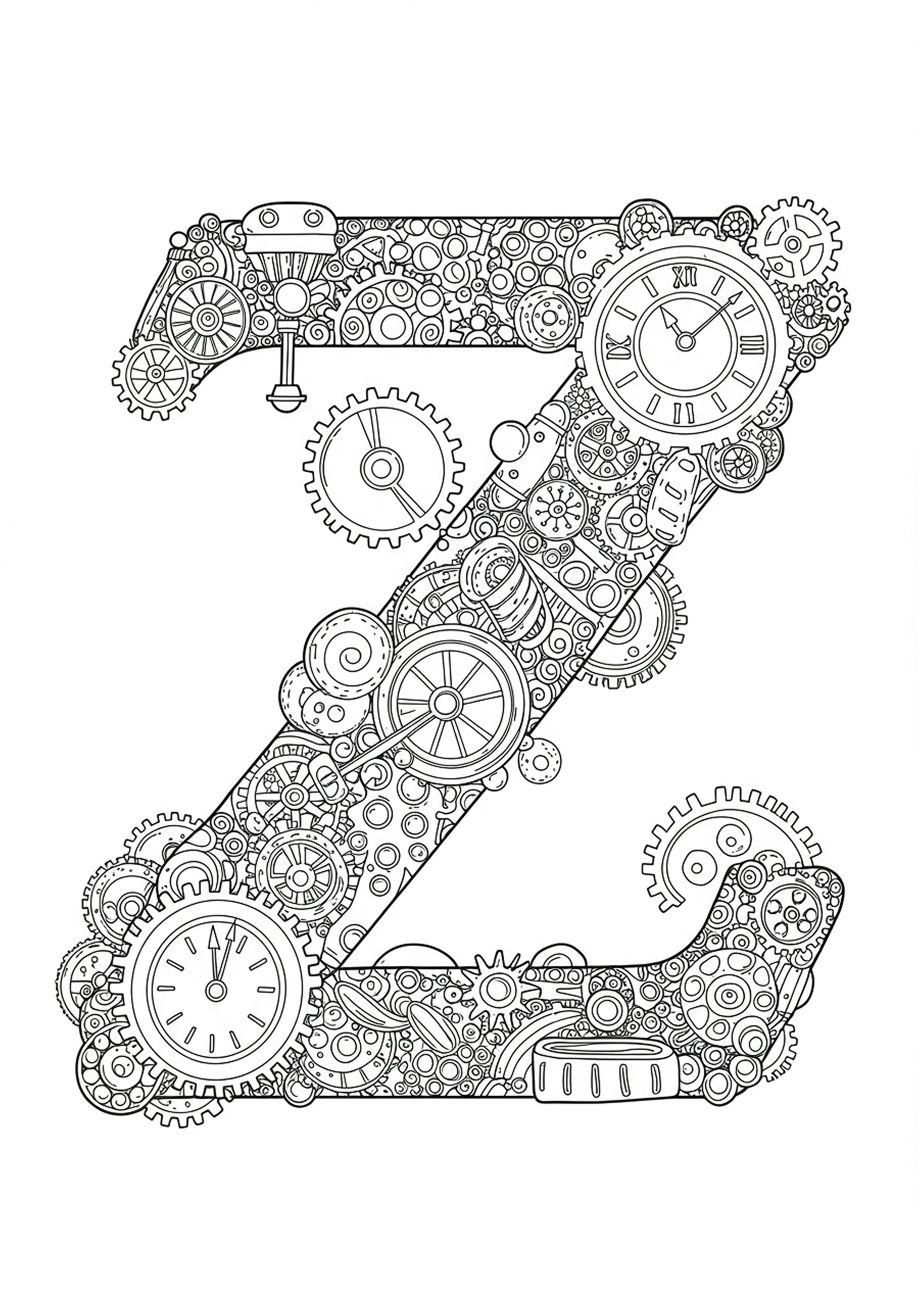 Letter Z with Steampunk Clockwork Details - Free Coloring Page ...