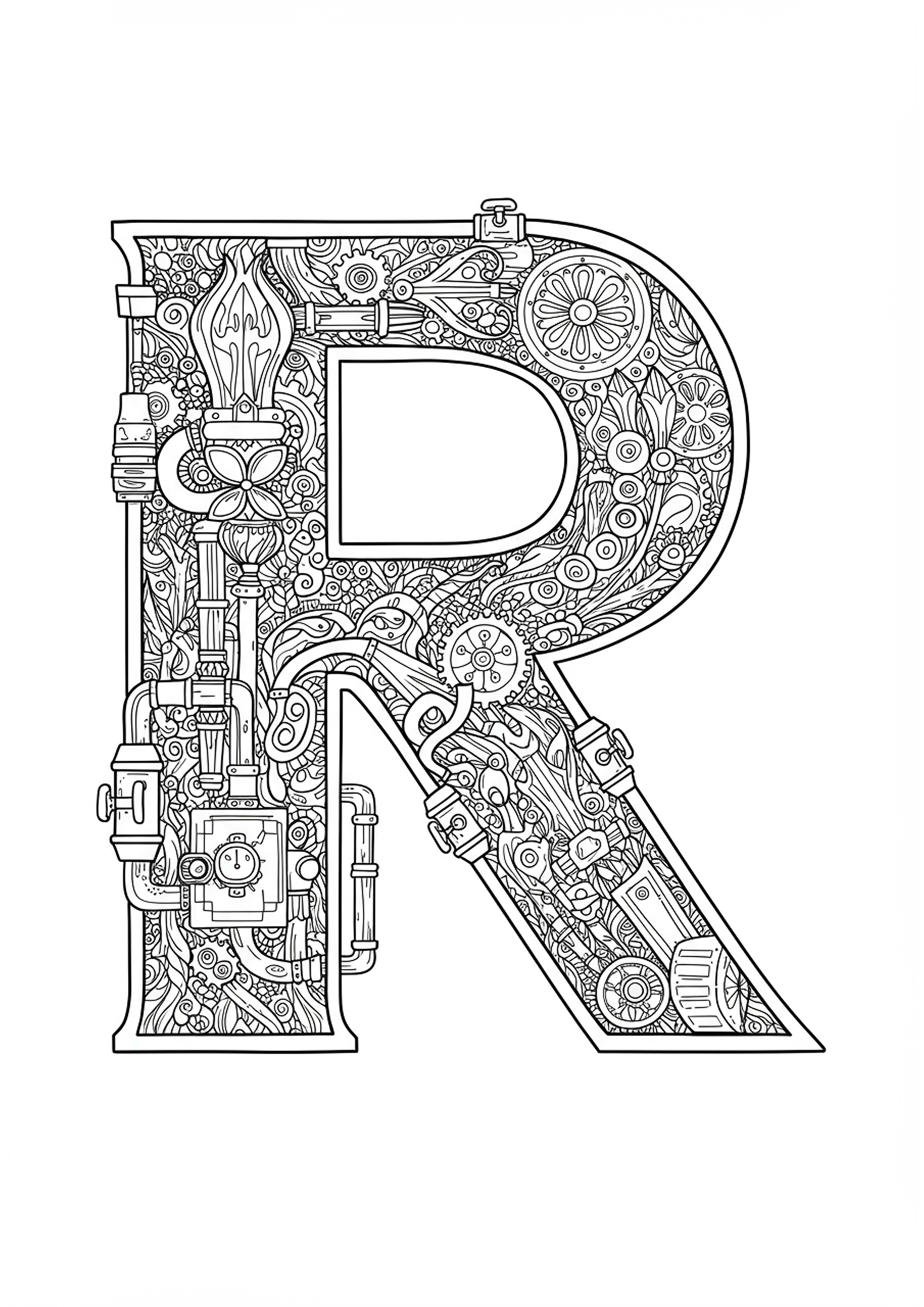 Steampunk Letter R Coloring Page - Free Coloring Page | TryColoringPages