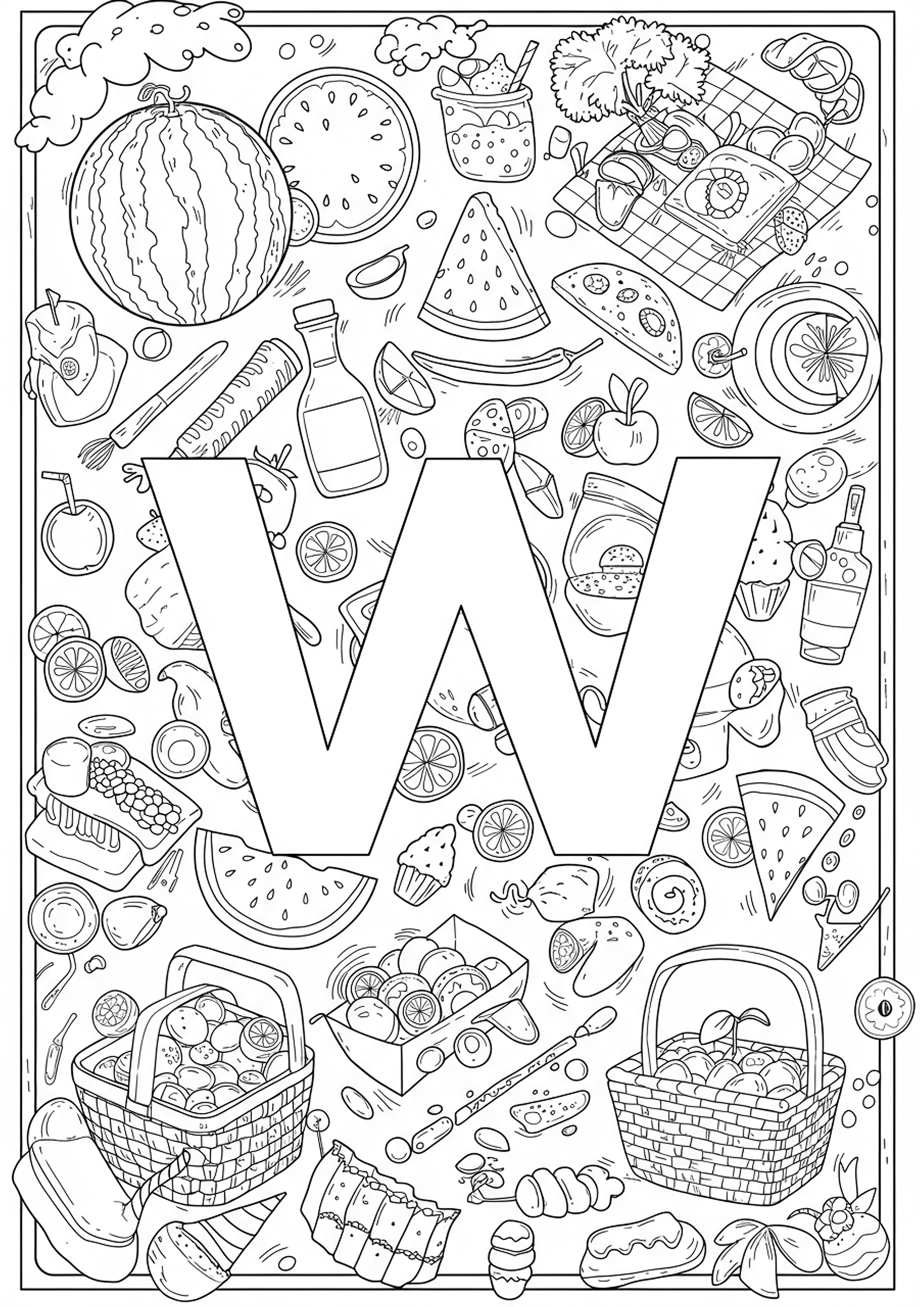 Coloring Group W Watermelon Picnic Party Letter W Coloring Page - Free Coloring Page ...