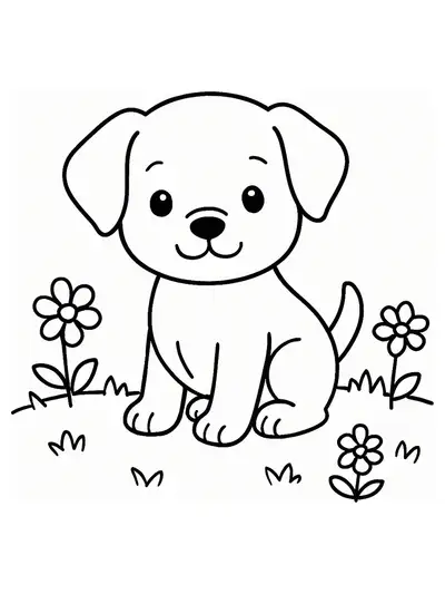 Simple coloring page of a cute puppy sitting in the grass with flowers, easy for preschoolers.