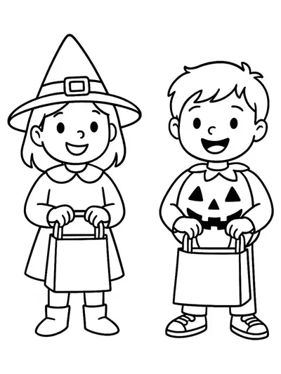 Coloring page with two kids in Halloween costumes holding trick-or-treat bags, simple and clear outlines.