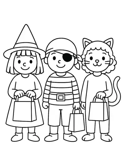Simple line art of three children in Halloween costumes holding treat bags.