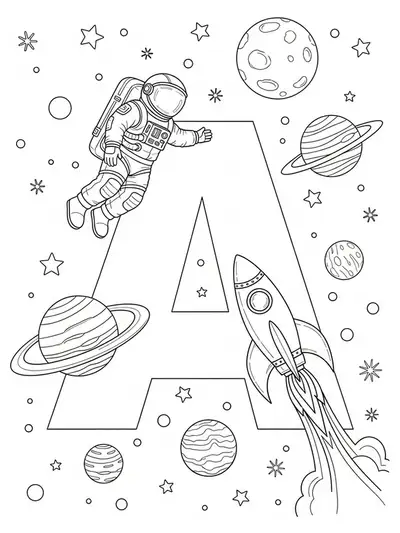 Letter A with an astronaut, rocket, planets, and stars in space, medium detail