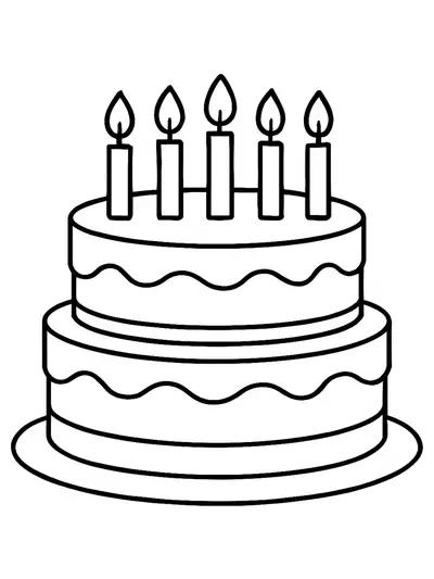 Simple birthday cake with candles and large frosting for preschool coloring.