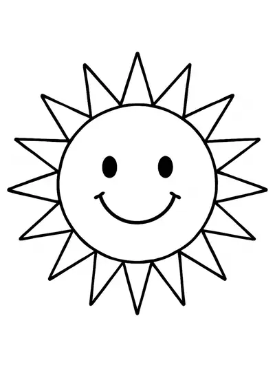 Large smiling sun with simple rays and a friendly face for easy coloring.