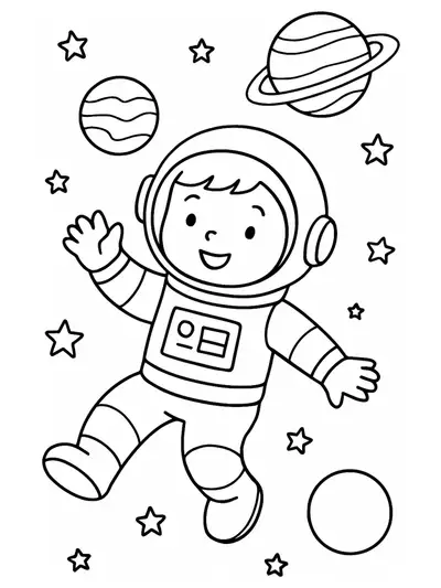Easy coloring page of a smiling astronaut and planets for children.