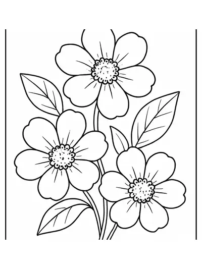 Simple spring flowers with large petals and leaves for preschool coloring.