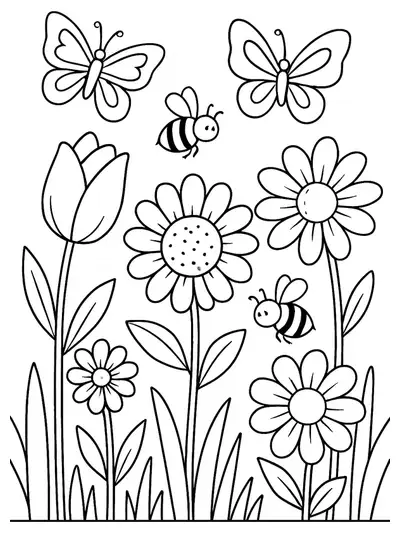Easy coloring page of a spring garden with big flowers and butterflies for kids.