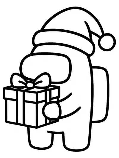 Among Us crewmate wearing Santa hat and holding a gift, easy coloring page for kids