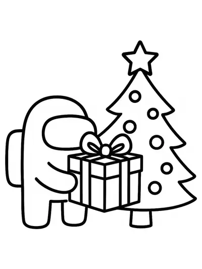 Simple Among Us crewmate holding a present next to a Christmas tree, easy outlines for preschool coloring
