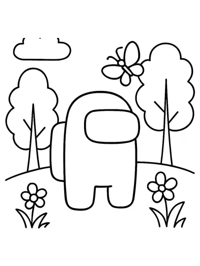 Among Us crewmate outside with trees, a flower, and a butterfly, easy line art coloring page