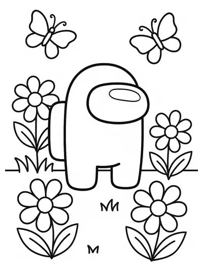 Among Us crewmate with flowers and butterflies, large and simple shapes for preschool coloring
