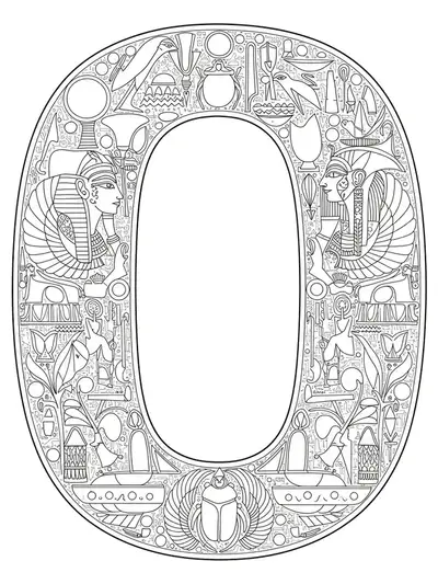 Ornate letter O surrounded by detailed ancient Egyptian hieroglyphics, scarabs, and pharaoh motifs, hard adult coloring page