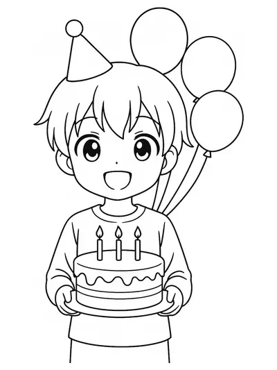 Large outlined anime child with a birthday cake and balloons, simple and perfect for preschoolers.